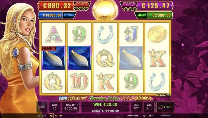 Cash Connection - Charming Lady's Boom Coins - osnovni zaslon s dobitkom na liniji