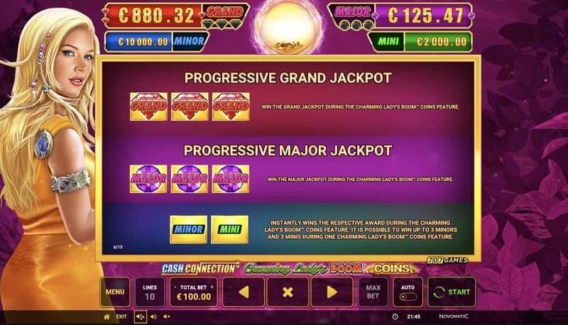 Cash Connection - Charming Lady's Boom Coins - tablica Jackpota Mini, Minor, Major i Grand